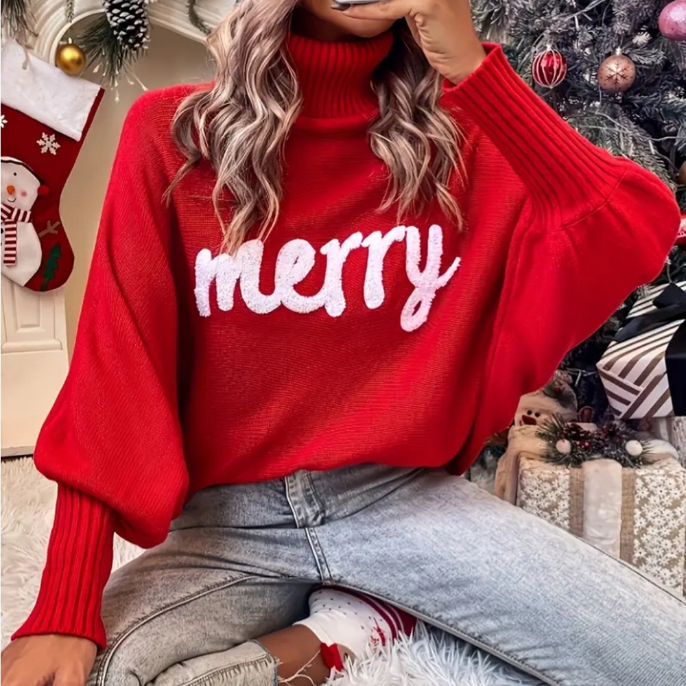Red Turtleneck Sweater with 'Merry' Design - Picture 2 of 4